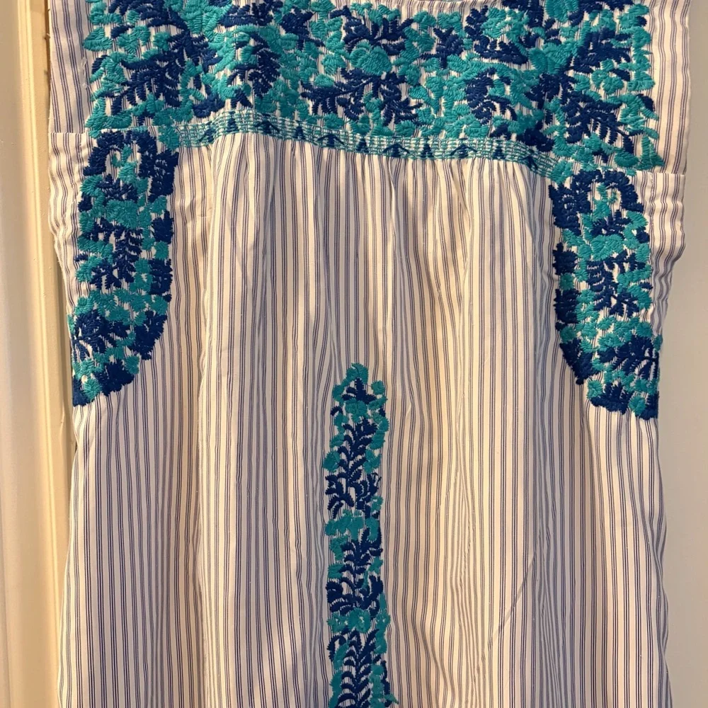 J. Marie Sleeveless Cotton Blue Stripe Mini Dress with Teal Floral Embroidery - Picture 4 of 6